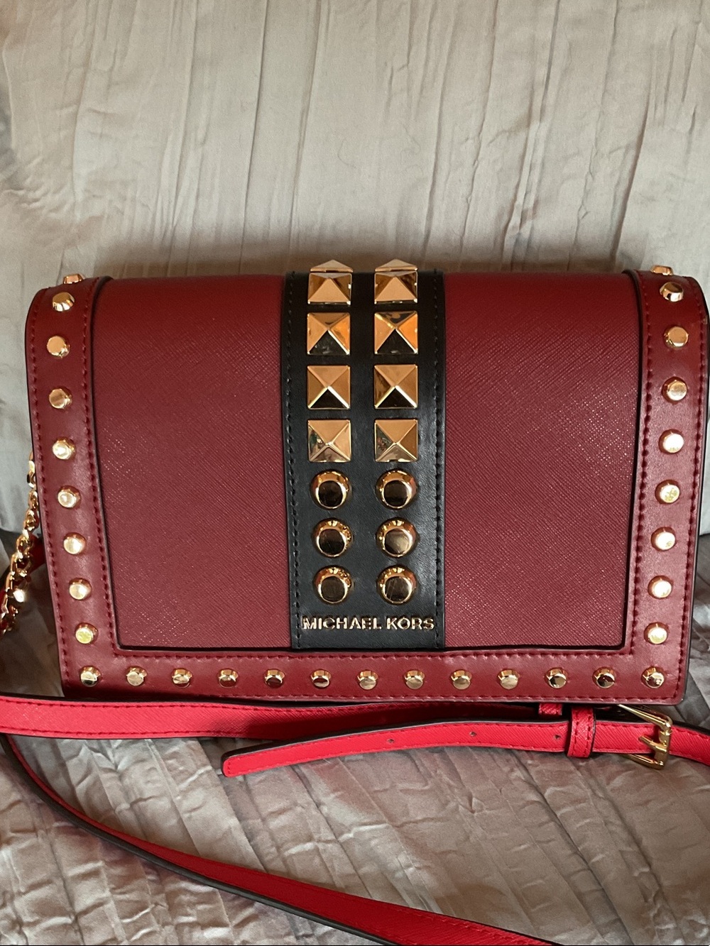 Michael Kors Red and Black Jet Set Studded Saffiano Crossbody Bag